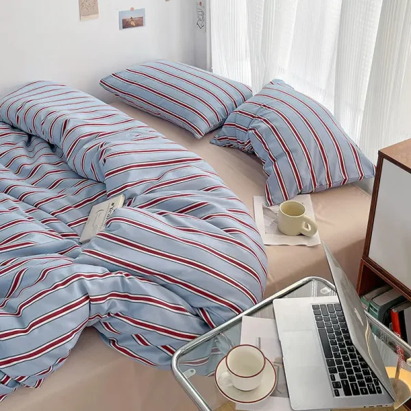 Simple Style Red And Blue Stripe Duvet Cover Set Bed Flat Sheet Set Washed Cotton Bedding Set for kids adult - Image 2